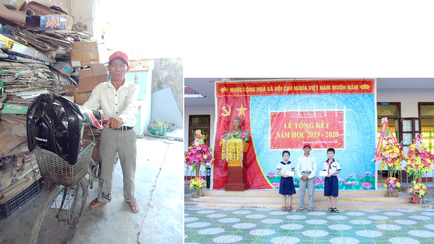 Ông Trần Huy Hoàng bên chiếc xe đạp làm nghề và trao thưởng cho học sinh nghèo