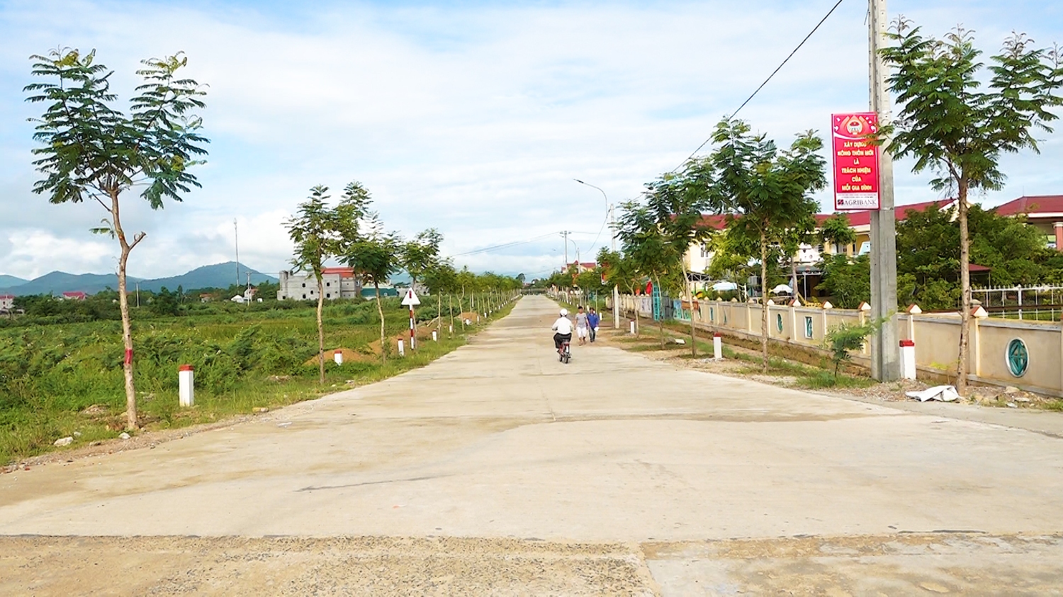 Tuyến đường xã Quảng Lộc được bê tông hóa với những hàng rào xanh