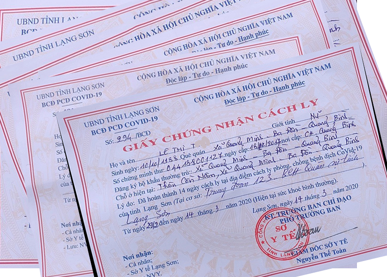 Giấy chứng nhận cách ly tập trung của BCĐ chống dịch Covid-19 tỉnh Lạng Sơn, tất cả 6 người đều hoàn thành cách ly tập trung 14 ngày và có sức khỏe bình thường