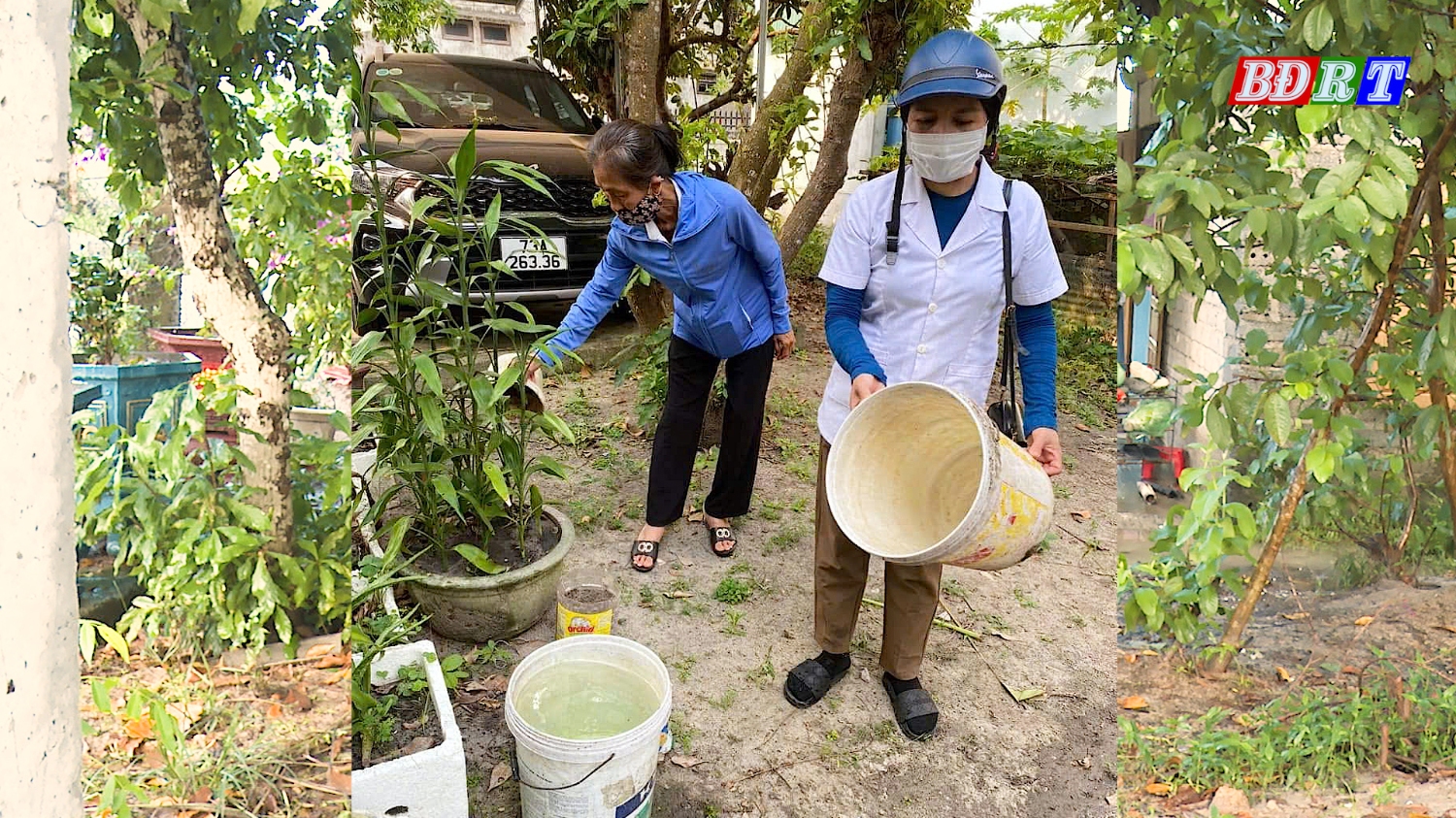 Cán bộ y tế phối hợp với các lực lượng tham gia dọn vệ sinh, lật úp và thu gom các dụng cụ lắng nước