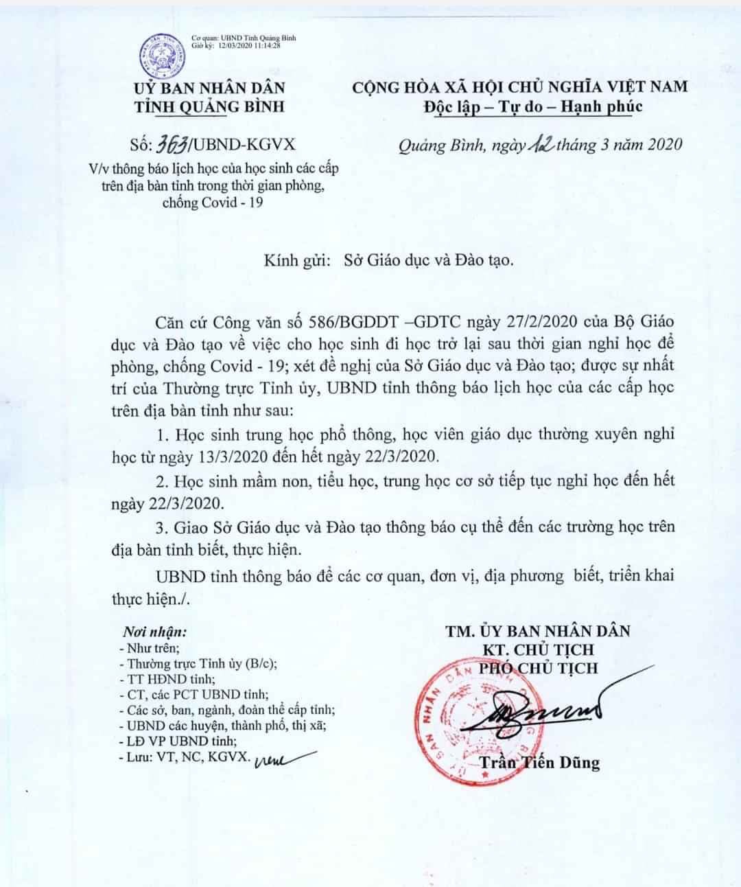 Thông báo lịch nghỉ học các cấp của UBND tỉnh Quảng Bình.