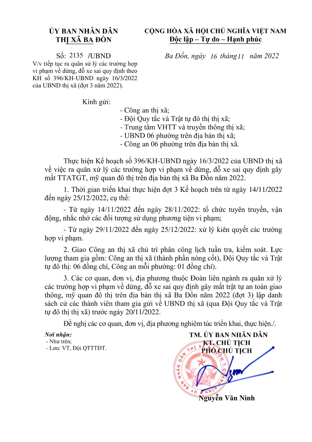 V/v tiếp tục ra quân sử lý các trường hợp vi phạm về dừng, đỗ xe sai quy định theo KH số 396/KH-UBND ngày 16/3/2022 của UBND thị xã (đợt 3 năm 2022).